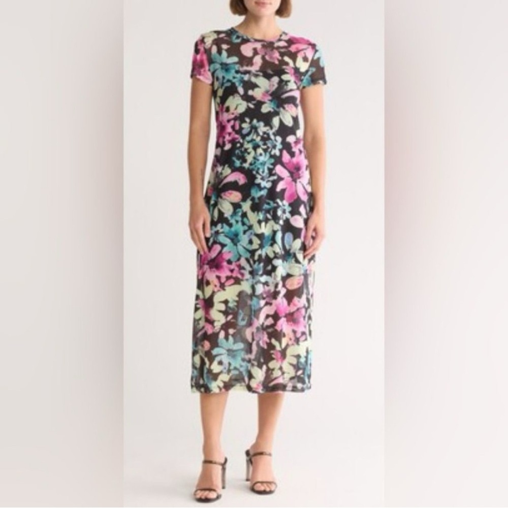 Steve Madden Nola Floral Short Sleeve Mesh Multicolor Maxi Dress Shirt Medium